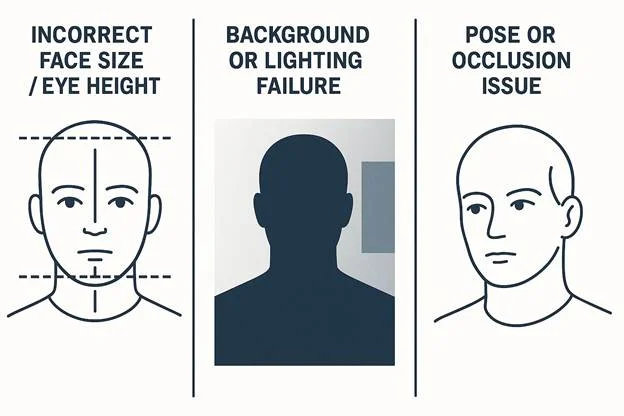Three-panel infographic showing face size, lighting, and pose issues.