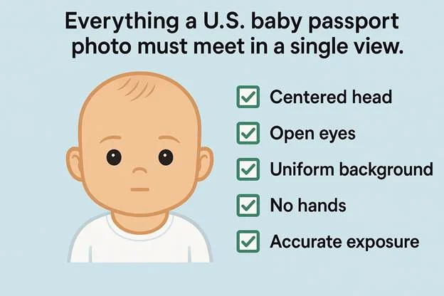 checklist graphic showing key compliance criteria for a U.S. baby passport photo: square format, centered head, open eyes, uniform background, no hands, accurate exposure.