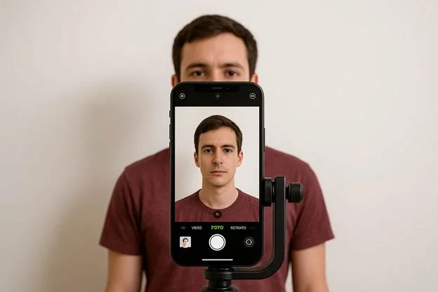 Image of an iPhone camera positioned in front of a plain white wall, ready for a passport photo