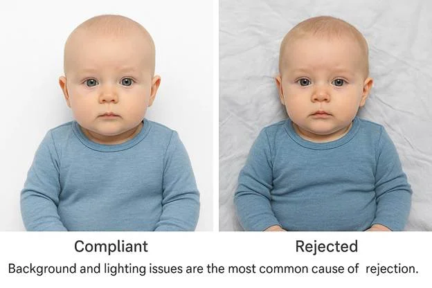 Side-by-side comparison of a compliant infant photo with a smooth white backdrop and a rejected photo with wrinkles and shadows.