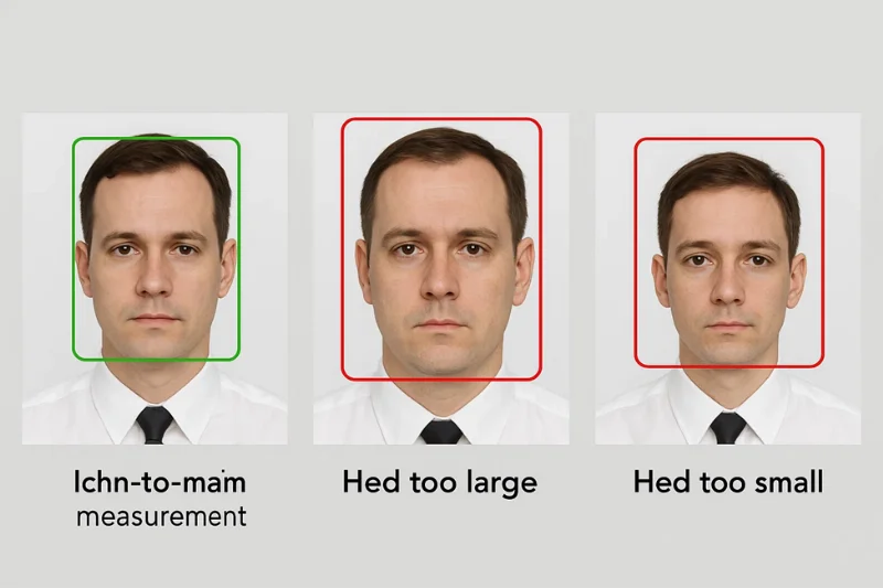 Correct head-size diagram for passport photo showing ideal chin-to-crown measurement with a green box 