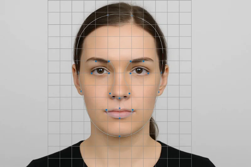 facial grid overlay showing detection points on eyes, nose, mouth, facial outline, and edges