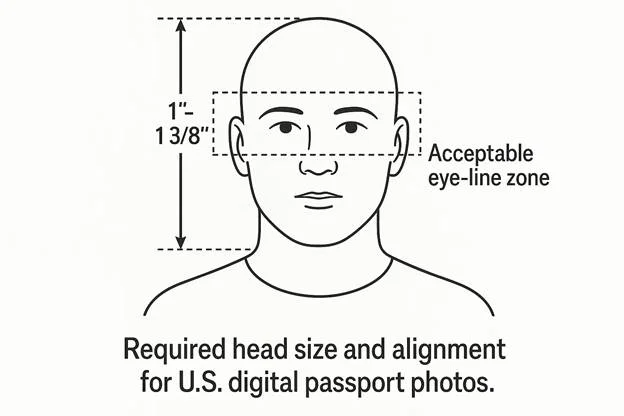 Proportional head-measurement diagram showing chin-to-crown distance and eye-line zone.