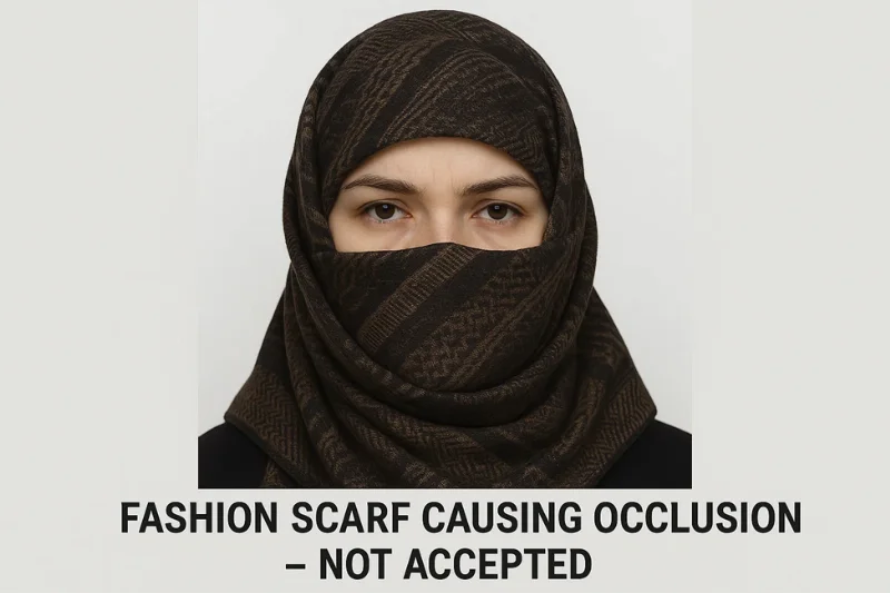 Passport photo of a person wearing a fashion scarf that partially covers the face