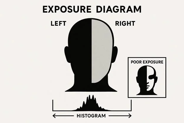 Exposure diagram showing a balanced facial silhouette with equal luminance, histogram below, and a secondary diagram with hotspots and shadows