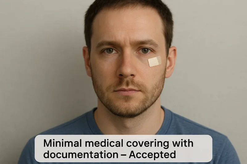 Passport photo of a person with a small medical bandage on the temple not covering facial features