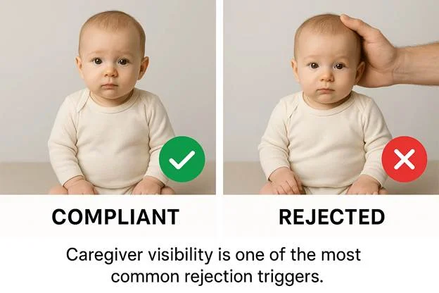 Two-column comparison showing a compliant infant photo without adult hands and a rejected photo with a parent’s hand visible.