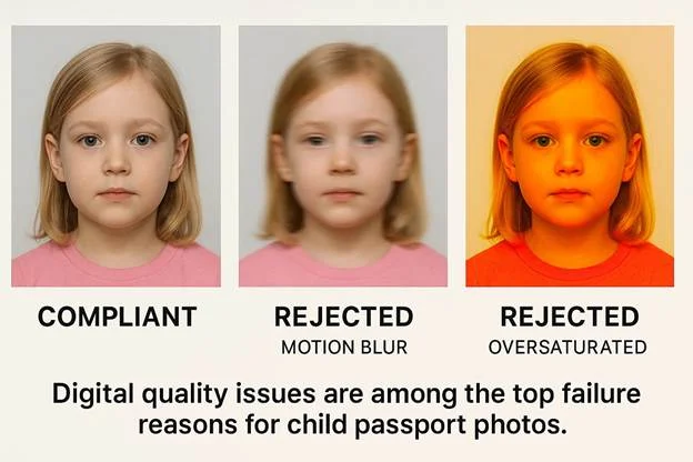 Three-frame comparison showing a compliant child photo with clear detail, a rejected photo with motion blur, and a rejected photo with oversaturated colors.