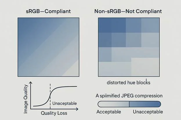 Side-by-side diagram comparing "sRGB—Compliant" and "Non-sRGB—Not Compliant" squares, with a JPEG compression curve below