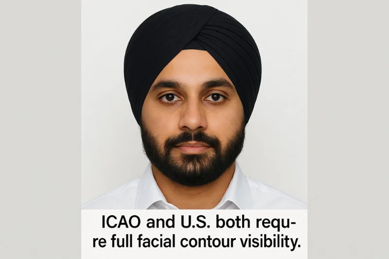 Passport photo of a person wearing a turban with full facial contour clearly visible