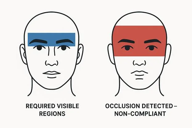 Biometric face outline showing required visible regions in blue and occluded areas in red labeled “Occlusion Detected—Non-Compliant.