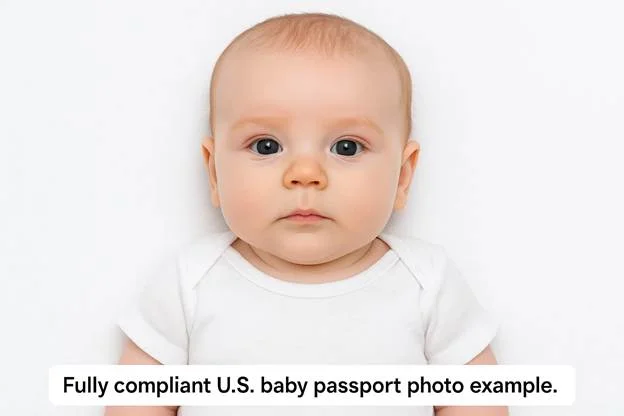 Clean passport photo of a baby on a uniform white background with eyes open and no shadows