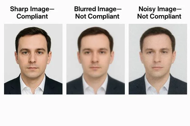 Grid showing three squares: "Sharp Image—Compliant," "Blurred Image—Not Compliant," and "Noisy Image—Not Compliant," in grayscale.